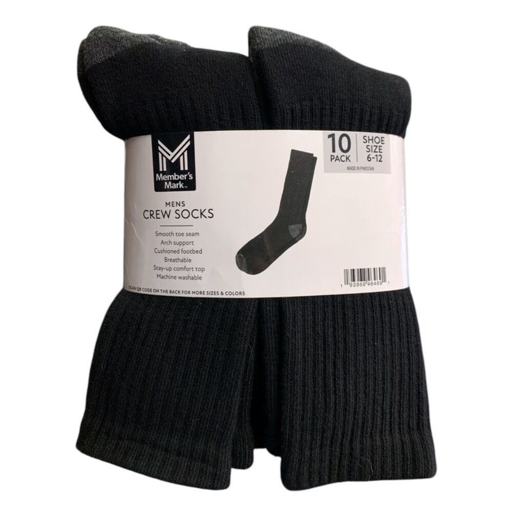 Black - Member's Mark Mens Crew Socks, 10 Pack, Shoe Size 6-12, Arch Support, Br